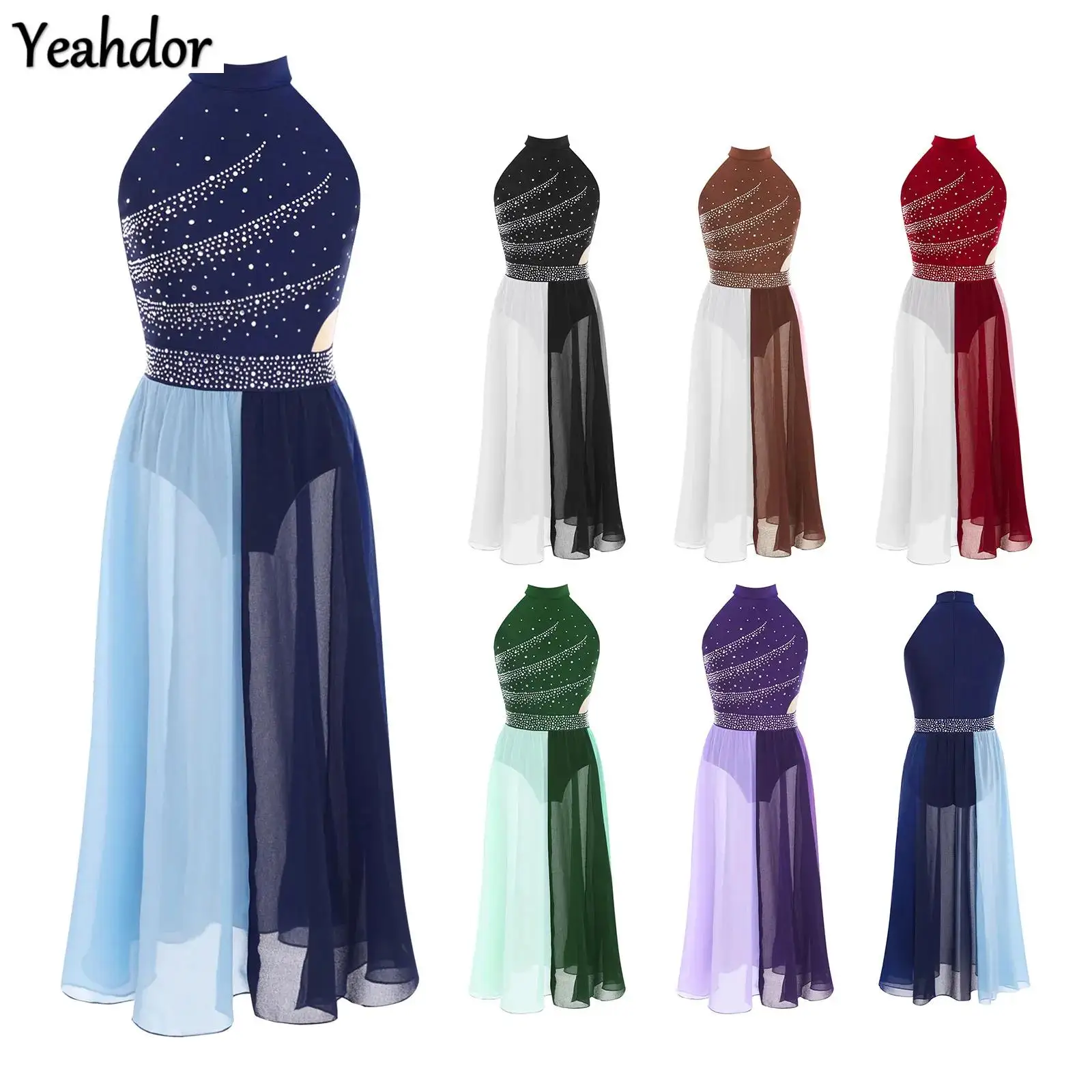 

Girls Modern Lyrical Dance Dress Costume Sleeveless Rhinestones Side Split Chiffon Leotard Dress Ballet Contemporary Dancewear