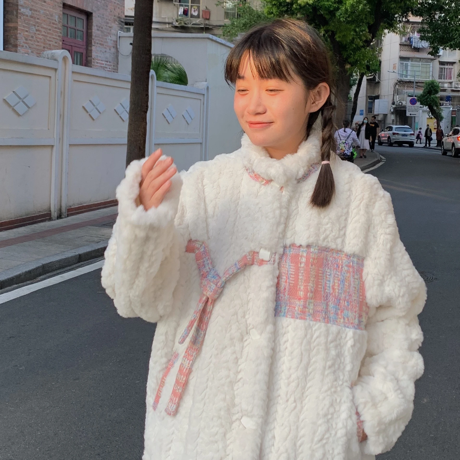 

White Lamb Fur Trimmed Fce Lined Jaet Women's Winter Small Size Student Cute Sweet Loose Thiened Cotton Coat