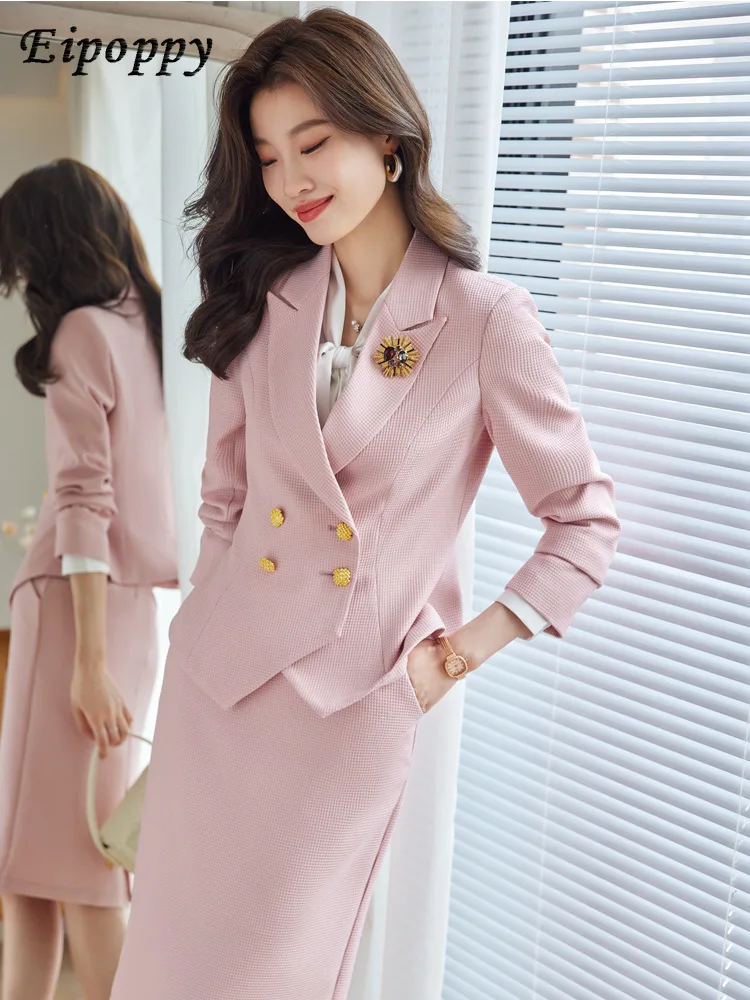 Elegant Autumn Winter Ladies Skirt Suit Women Black Blue Pink White Female Formal Two Piece Set Blazer for Business Work Wear