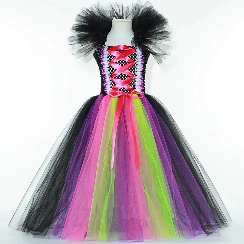 Halloween Witch Costume for Cute Girls Ankle Length Fairytale Witches Tutu Dress Girl Fancy Dress Up Clothes with Hat Broom