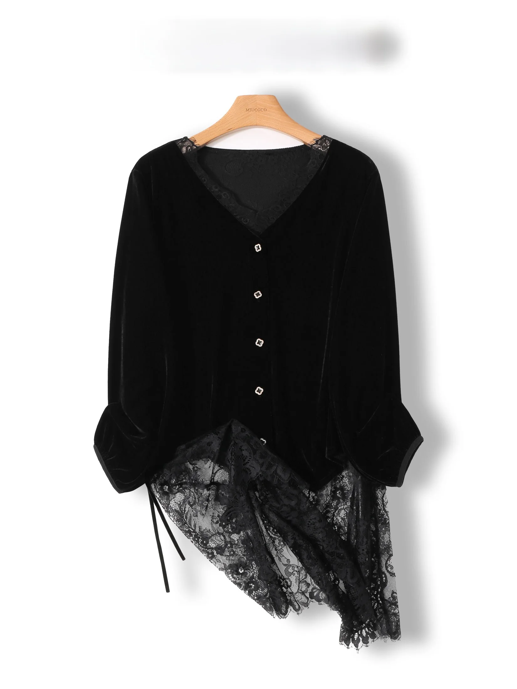 

Элегантная женская блузка с V-образным вырезом и длинными рукавами из бархата и кружева, свободного кроя, однотонная, для офиса, визуально стройнящая фигуру