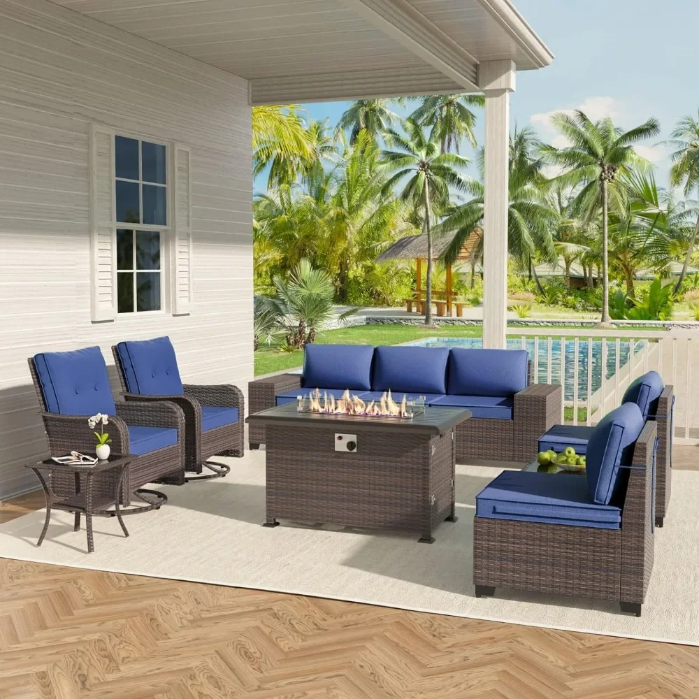 Gotland 10 Piece Outdoor Patio Furniture Set with 2 Swivel Rocking Chairs and 55,000 BTU Gas Fire Pit Table, Navy Blue