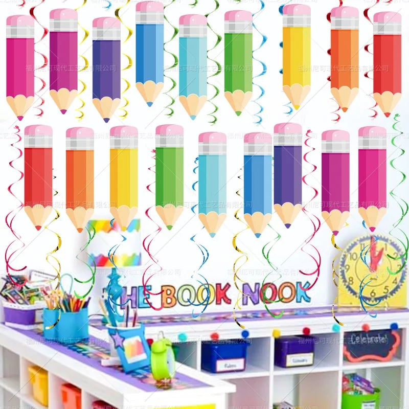 48pcs Colourful Paper Pencil Streamers Pvc Spiral Decoration Spiral Banner Party Ceiling Hanging Ornaments For School Home Kid view 5