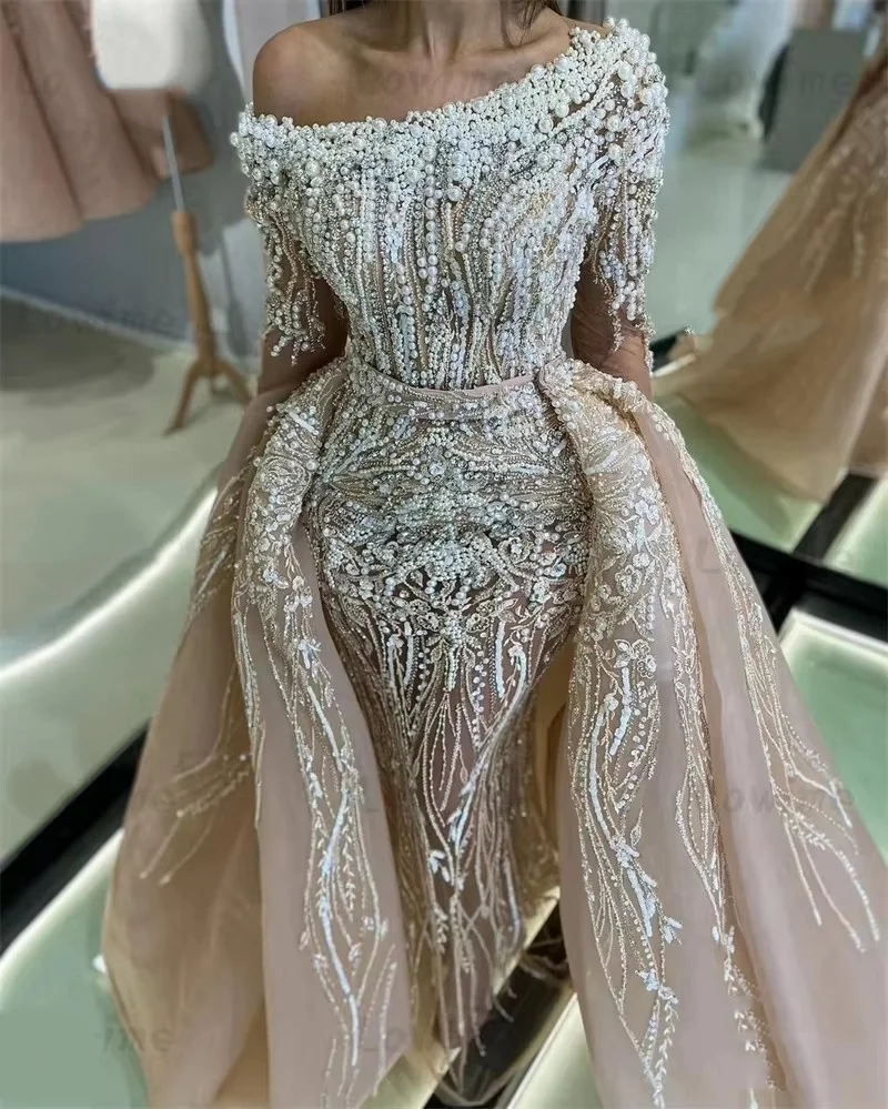 

Gorgeous Mermaid Wedding Dress Jewel Neck Long Sleeves Bridal Gowns Pearls Sequins Cry Detachable Train Dresses Custom Made