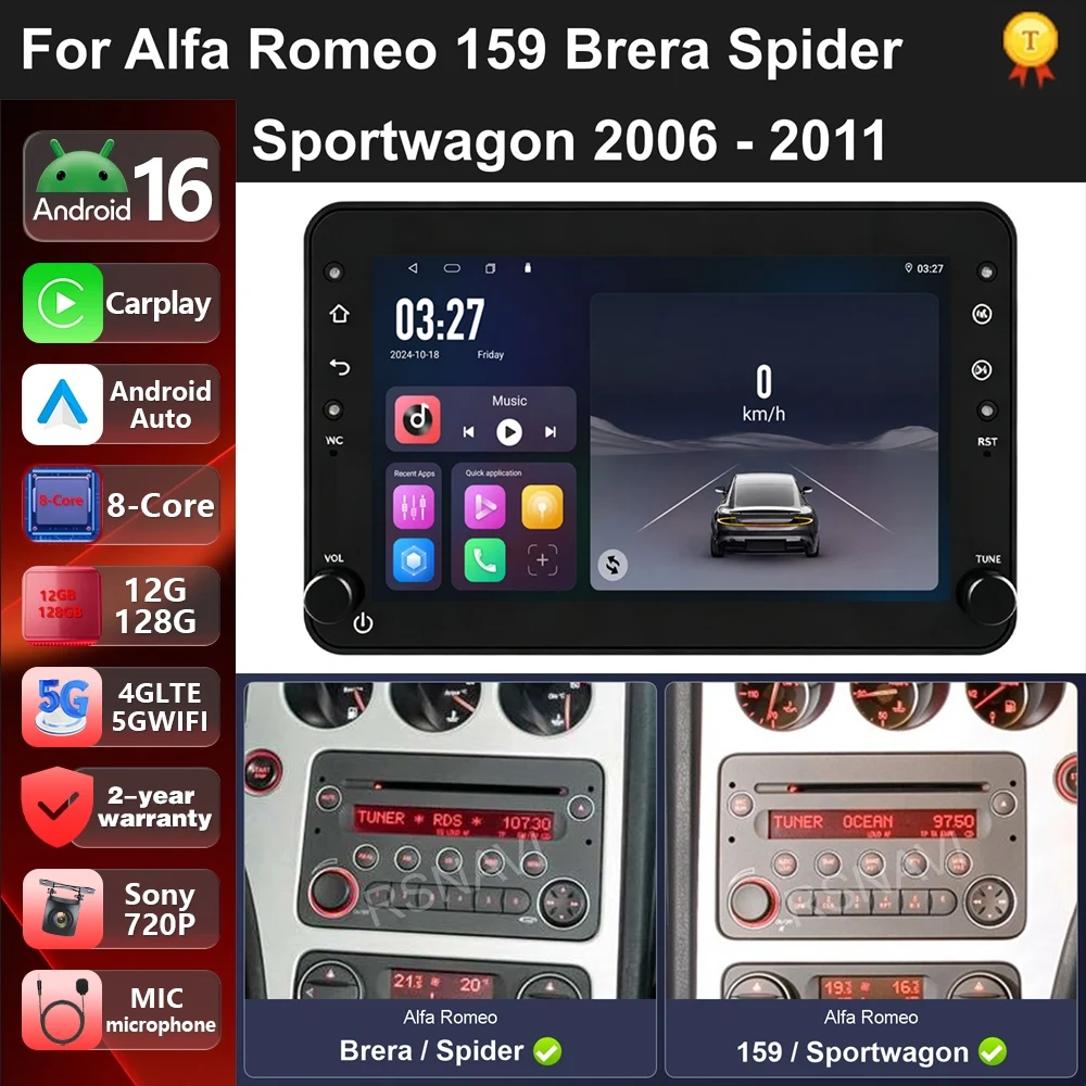 Car Radio Android 16 For Alfa Romeo 159 Brera Spider Sportwagon 2006 - 2011 carplay Android auto Stereo Video GPS Navigation 4G