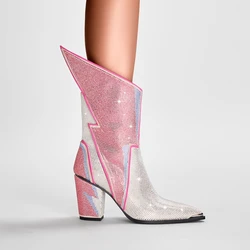 Botas cortas de tacón grande con diamantes de agua para mujer, Punta puntiaguda, club nocturno Sexy, Europa y América, nuevo