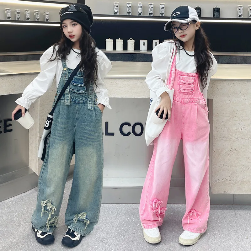 

Girls Clothes Set Autumn Kids Denim Jumpsuit Shirt Two Pieces School Children Costumes Casual Fashion Straight Jeans Set 4-12 Y