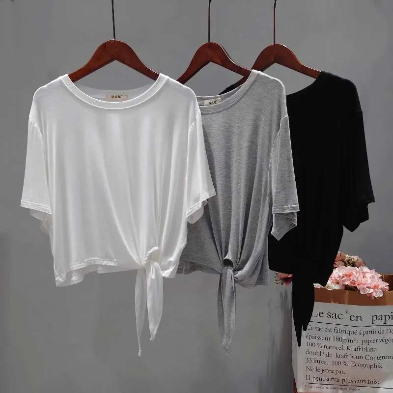 Ultra Soft Skin-Friendly Modal Tops Summer Loose Short Sleeve T-Shirt Women's Asymmetrical Knot Waist Yoga Crop Top Korean Style