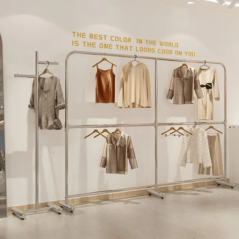 Stainless steel double-layer floor-standing clothes hanger, clothing store display rack, adjustable height adjustable