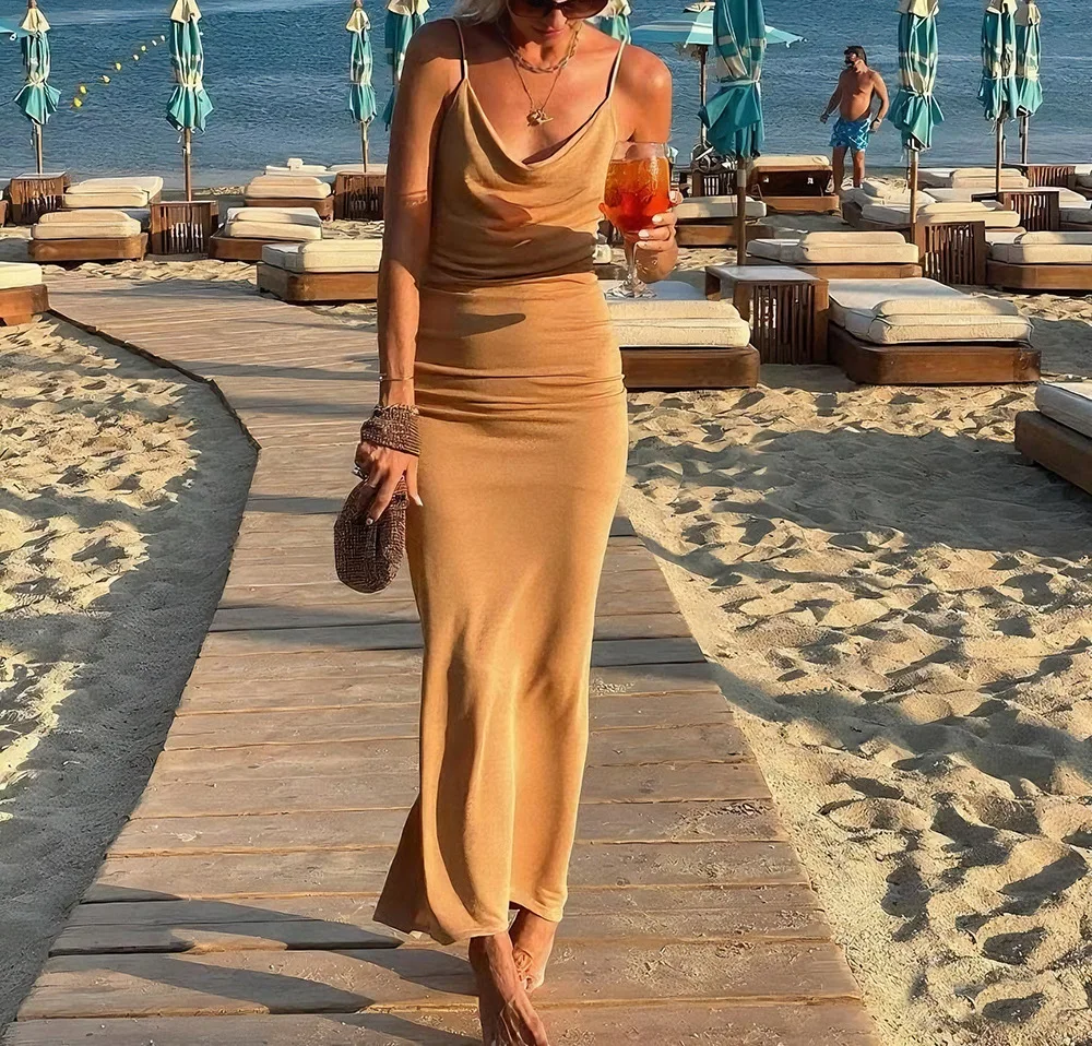 Abito sexy con canottiera da donna, cinturino aderente estivo, senza schienale, increspato, aderente, per le vacanze al mare, tubino sexy, abito lungo aderente