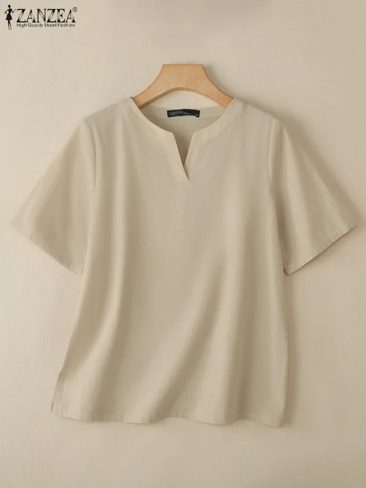 

2025 ZANZEA Women Summer Blouses V-Neck Short Sleeve Tunic Tops Female Casual Loose Cotton Chemise Elegant Solid Work OL Shirt