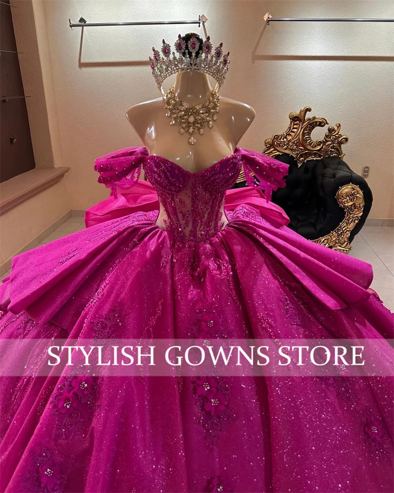 Mexico Fuchsia Off The Shoulder Tassel Quinceanera Dress Ball Gown Beaded Appliques Princess Dresses Bow Tiered Customized