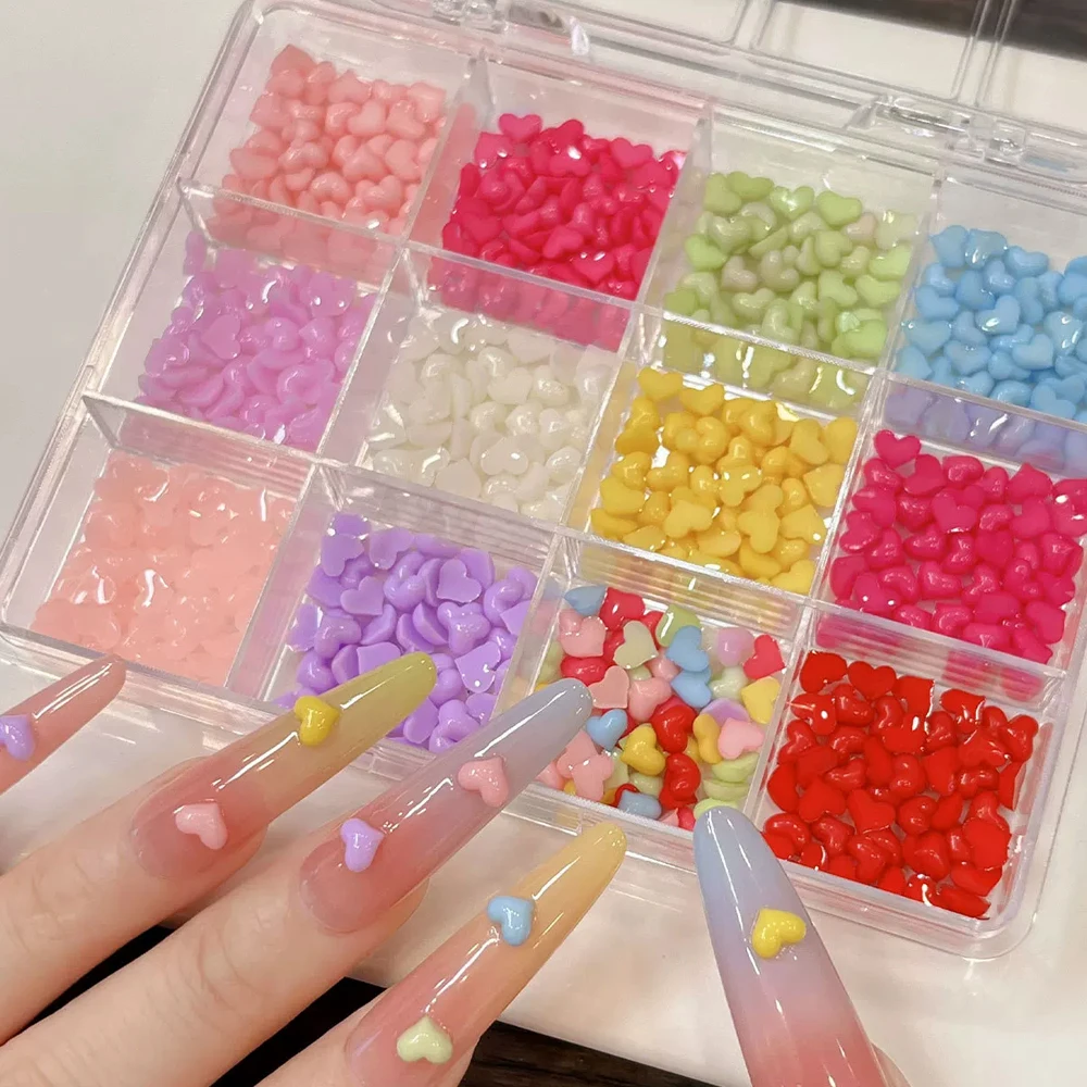 12-Grid Macaron Color Mini Heart Nail Charms 3D Resin Kawaii Heart Y2K Nail Art Decorations Flat Back Rhinestones Nail Parts