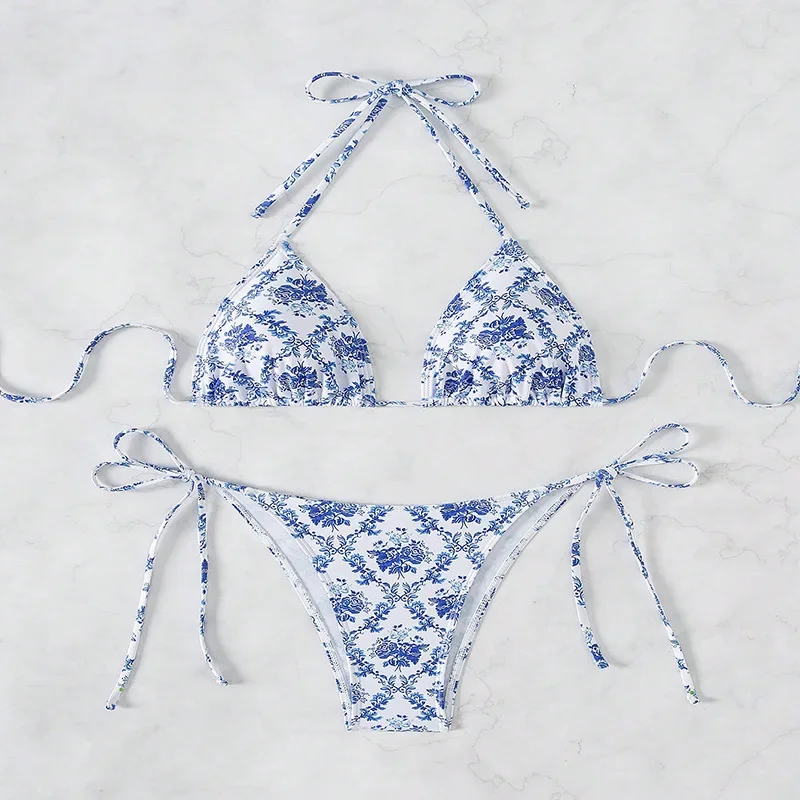 Sexy Floral Print Bikinis Sets Two Pieces String Tie Halter Thong Swimsuit Swimwear Bathing Suit Beach Outfits Biquini Tankini