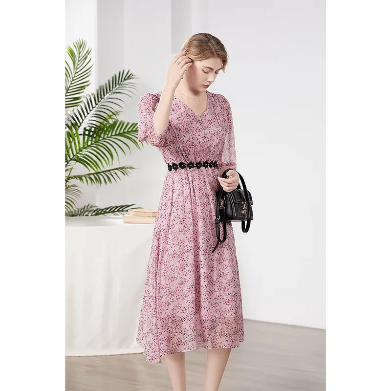 Mulberry Silk Dress, V-neck Waist Wrap, Fragmented Flowers, Gentle Style, Summer Fashion, New Style, D4132