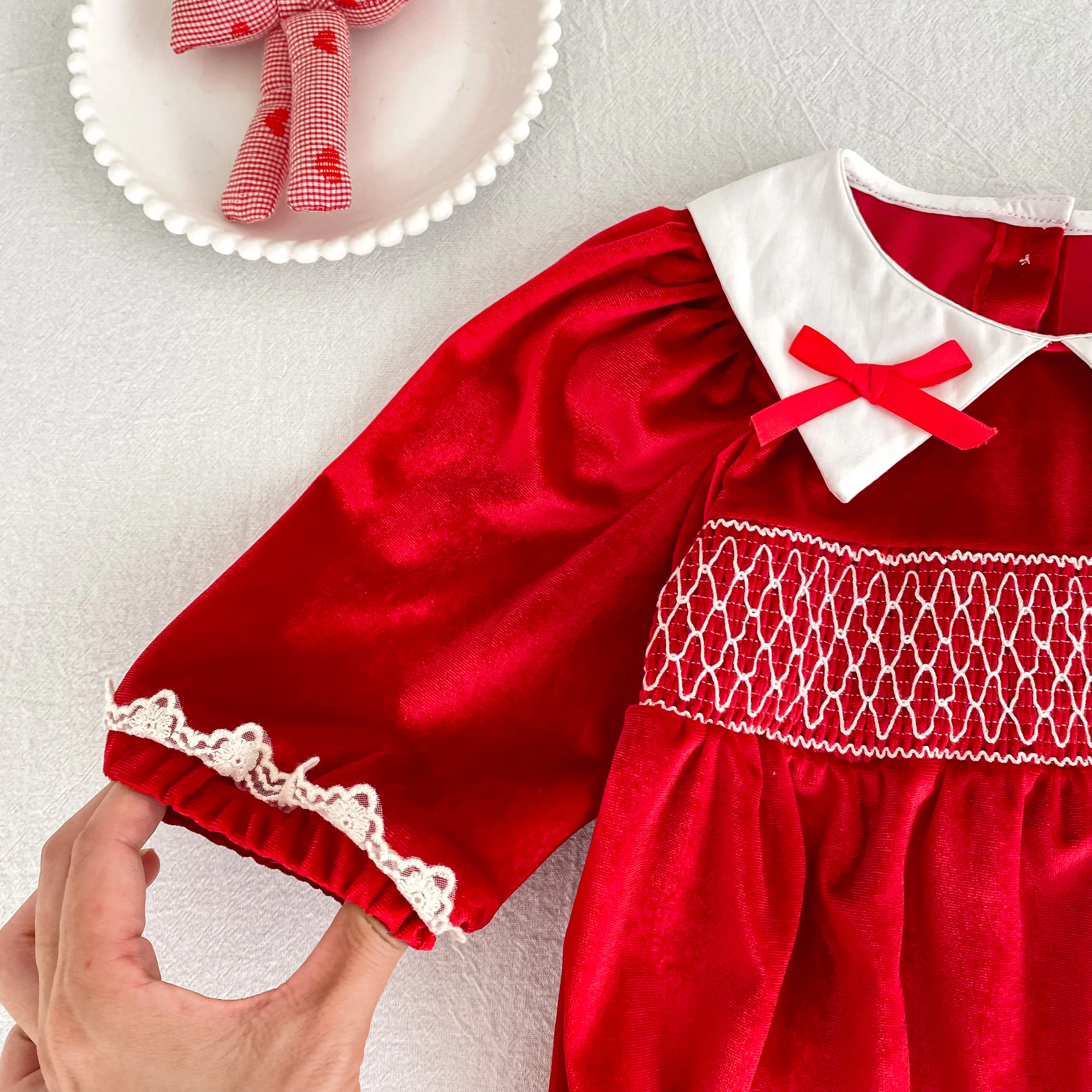 Baby Mädchen Roter Samt-Body mit Schleife Langarm Neugeborenen Party Geburtstags-Outfit Herbst Weihnachten Süßer Baby-Strampler 0-24M – Detail 10