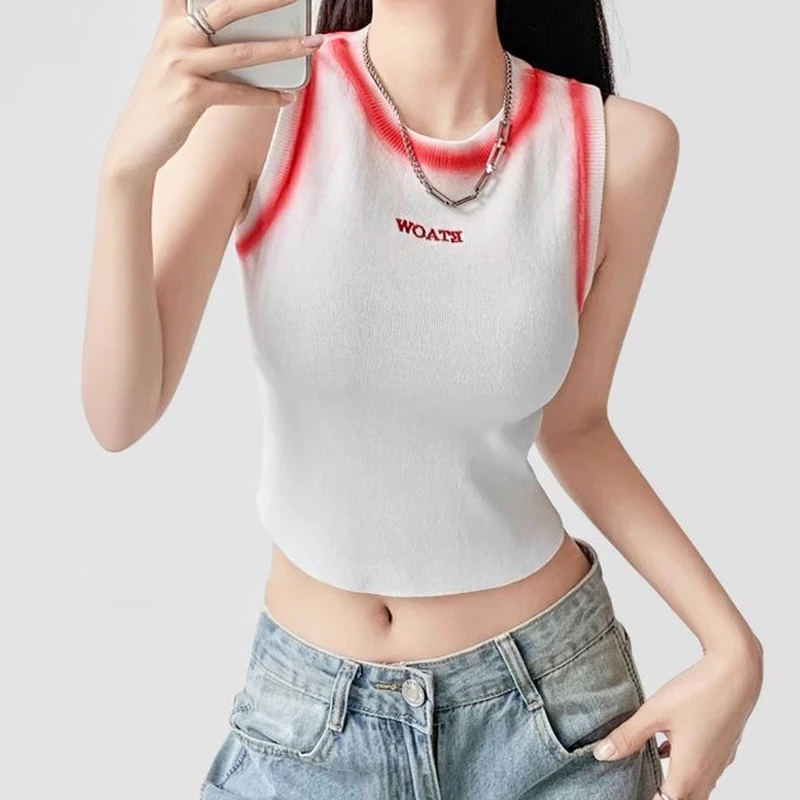 

Women's Short Vest Suspenders Contrast Color Knitted Sweater Gradient Splicing Hot Girl Sleeveless Comfortable Tops