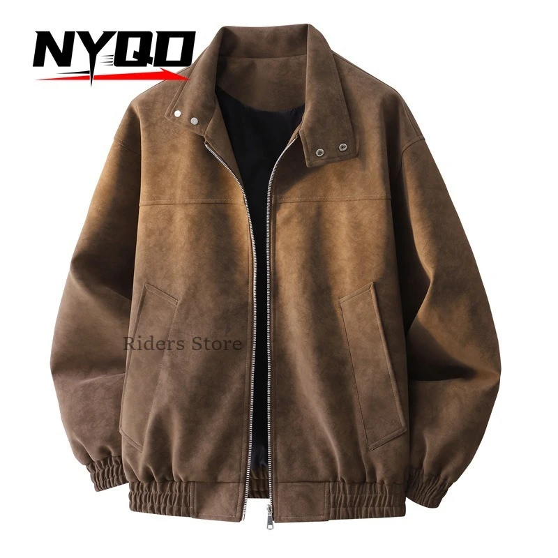 Men’s Vintage Suede Texture Bomber Jacket, Casual Stand Collar Zip-up Biker Coat, Loose Fit Windproof Outerwear