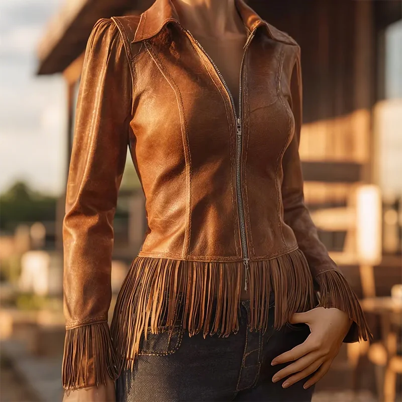

Western Brown PU Leather Shirt Collar Fringe Hem Zipper Jacket for Women Long Sleeve High Street Coat Autumn New Lady Outerwear