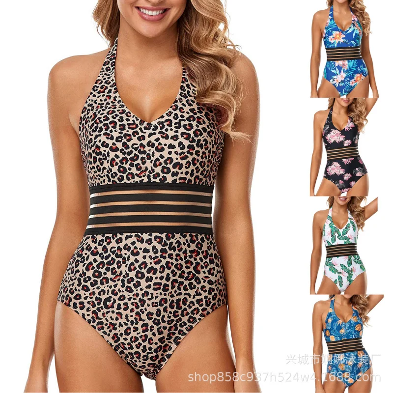 

New swimsuit model: five-row fishnet multi-color printed sexy one-piece swimsuit