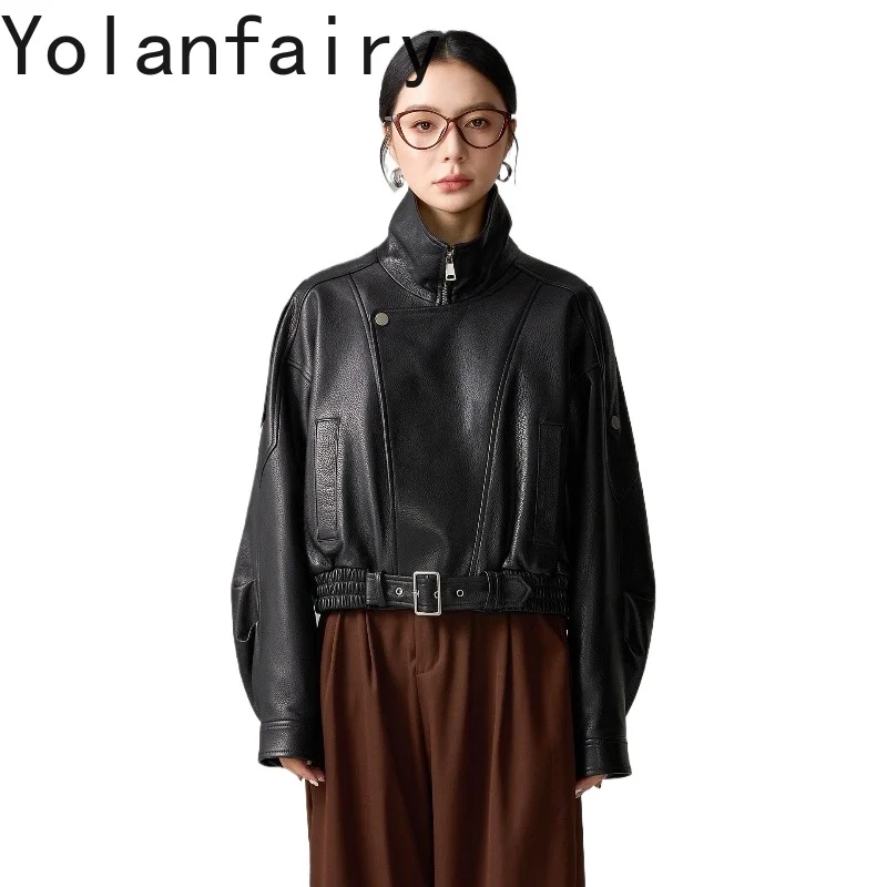 YOLANFAIRY High Street 100% Real Leather Jacket Women Oversized Genuine Goatskin Leather Coat Cropped Short Outerwear 가죽자켓 2026