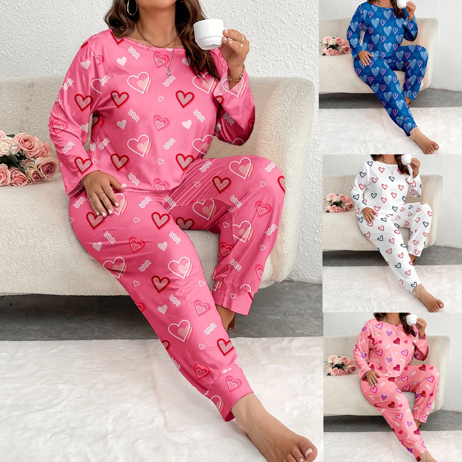 

Autumn Winter Pink Heart Print Plus Size 3XL 4XL 5XL Sleepwear Women's Pajama Set Long Sleeve Tops And Trousers Loungewear Suit