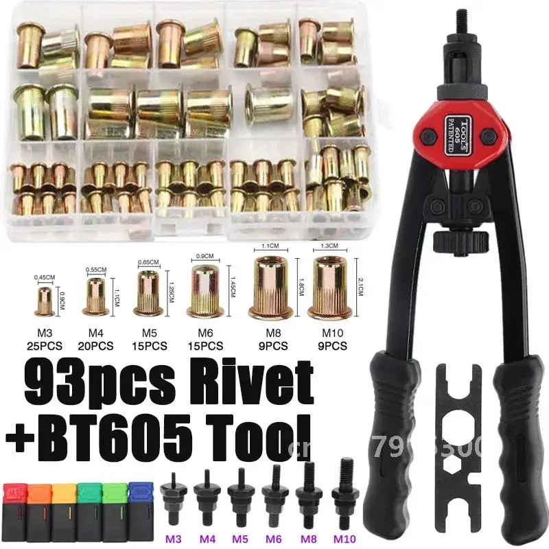 93pcs Rivet Nut+Hand Threaded Rivet Nuts Gun BT605 M3 M4 M5 M6 M8 M10 Double Insert Manual Riveter Gun Riveting Rivnut Tool