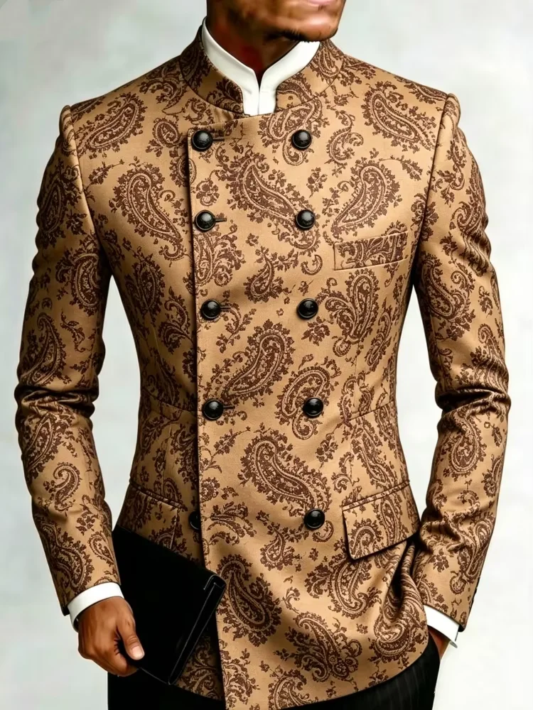 Mens Elegant Khaki Paisley Pattern Mandarin Collar Double Breasted Slim Blazer For Gentleman Cocktail Dinner