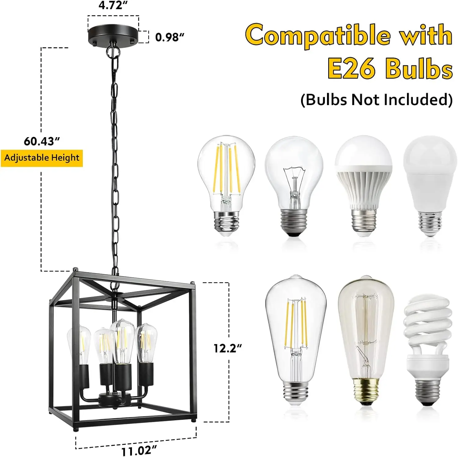 Unicozin 4-Light Black Farmhouse Chandelier, Iron Lantern Pendant Light Rustic Cage Adjustable Height, E26 Base Industrial