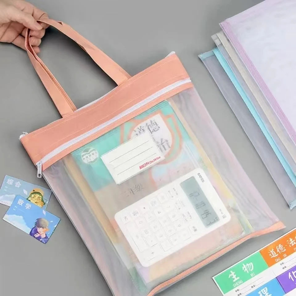 Saco De Armazenamento De Zipper Transparente Portátil, A4 Mesh File Folders Saco de documentos Pasta de papel de teste Sacos de armazenamento de papelaria de estudante