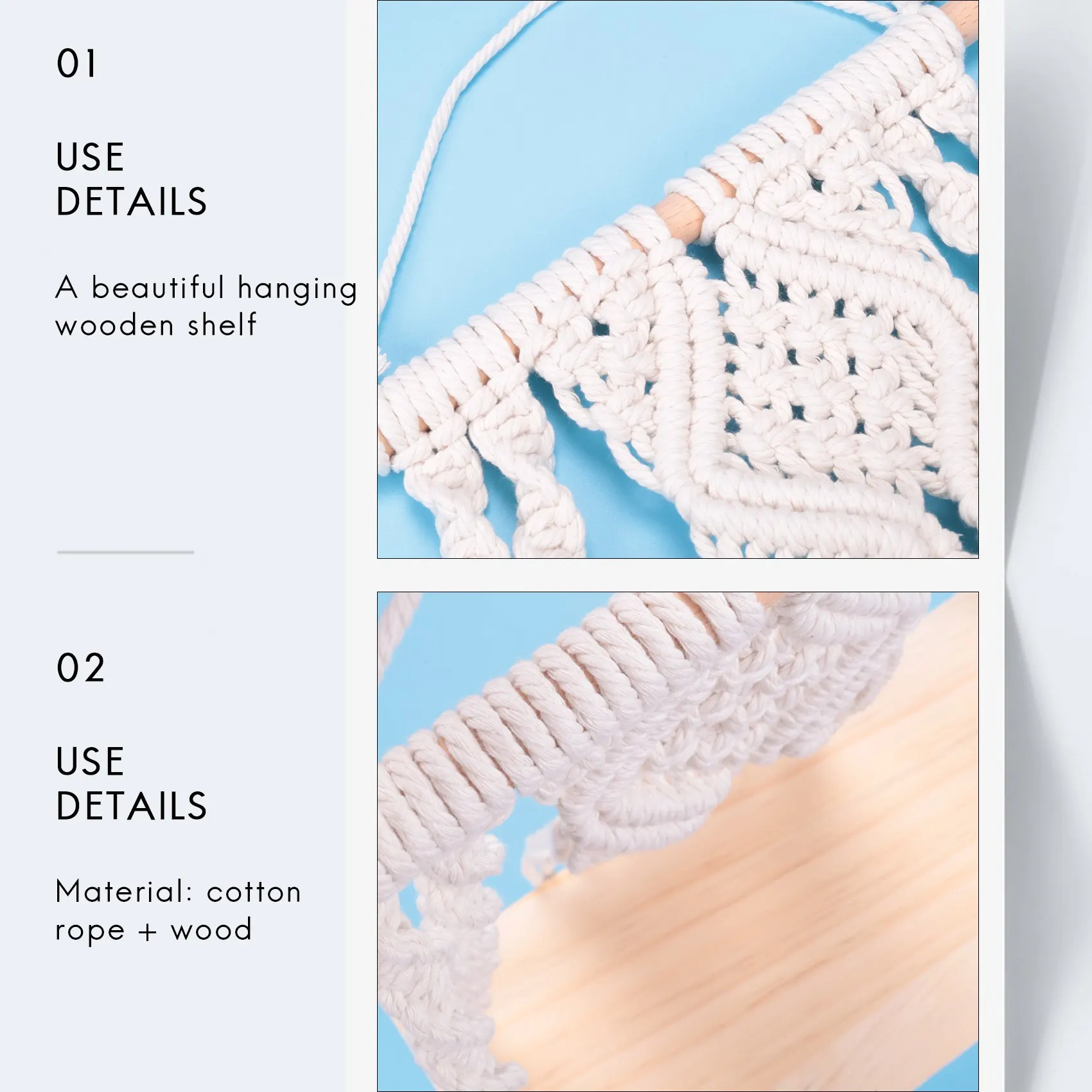 Boho Macrame Wall Hanging Shelf Handmade Woven Tassel Tapestry Rack Wood Floating Storage Hanger for Home Wall Decor