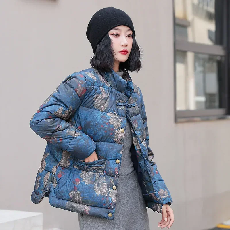 الوقوف طوق الخريف الشتاء العرقية نمط المرأة معطف القطن ملابس طويلة الأكمام وسادة مبطنة الإناث