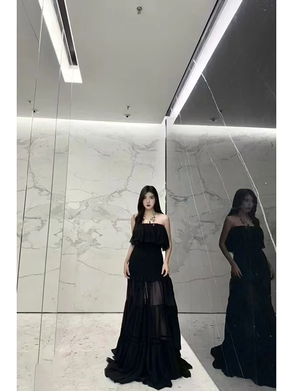 

Ele Lady Long Svel Me Evening Dr with oulder Bared Neline And Pleated Flounce for Women Polyester Fiber