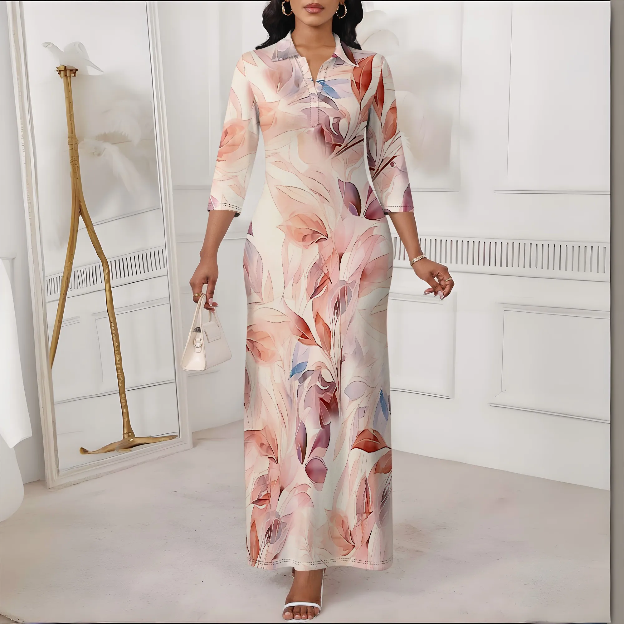

EQQZD Three-Quarter Sleeved V-Neck Dress for Women, Beautiful Floral Print Maxi Dress, Stylish Casual Dress