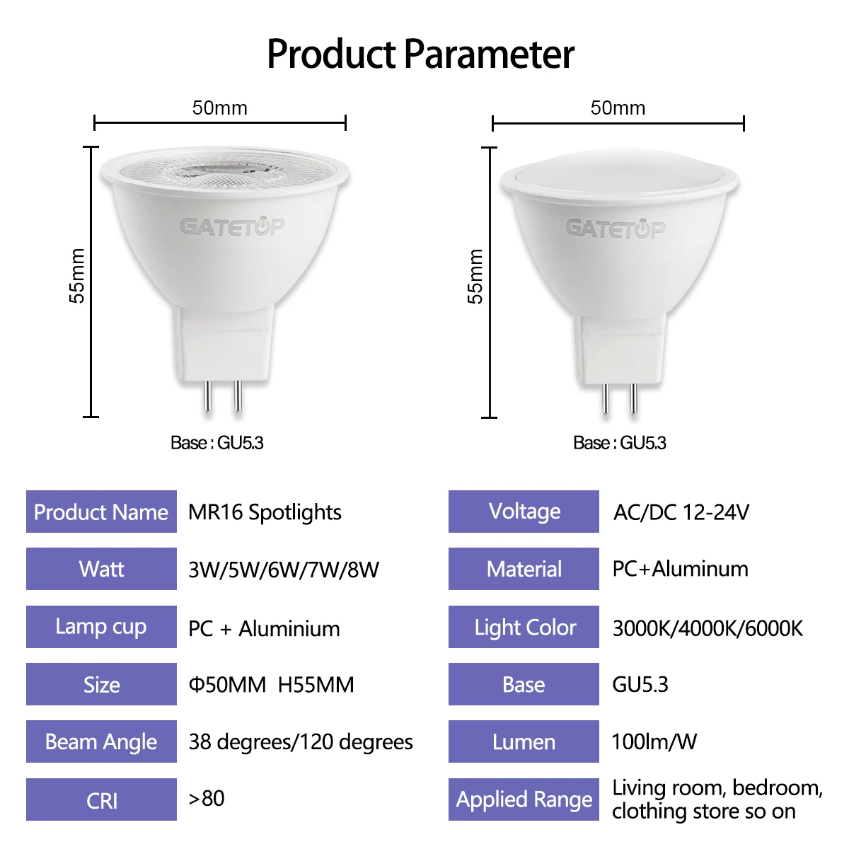 1-10pcs MR16 LED Spotlight Bulb GU5.3 Base 6W 600lm AC DC 12V 24V Bombillas Spot Light Replace 30W 50W Halogen Lamp Living Room
