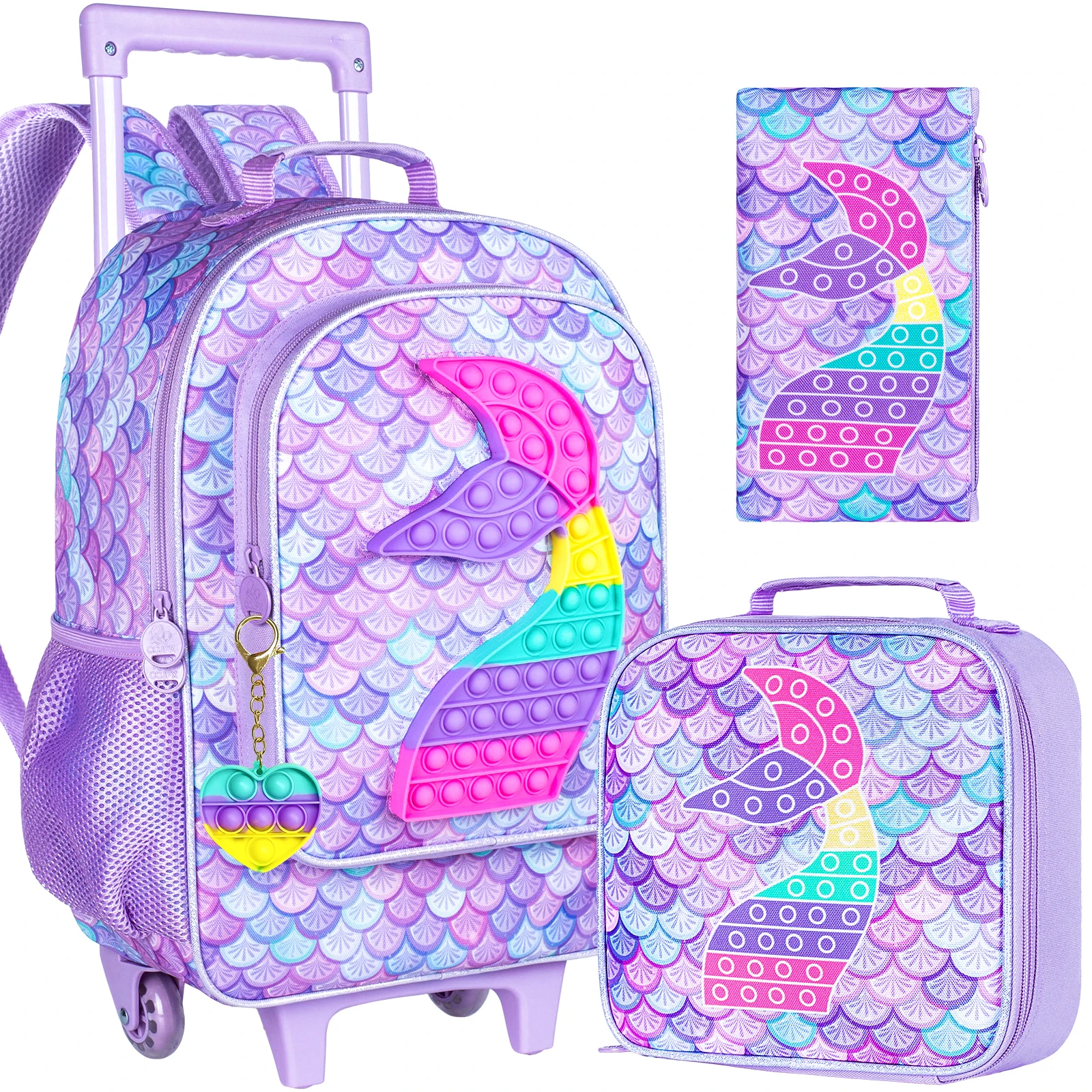 3PCS Rolling Backpack for Boys, Kids Roller Wheels Bookbag, Wheeled School Bag with Lunch Bag - Mermaid Purple