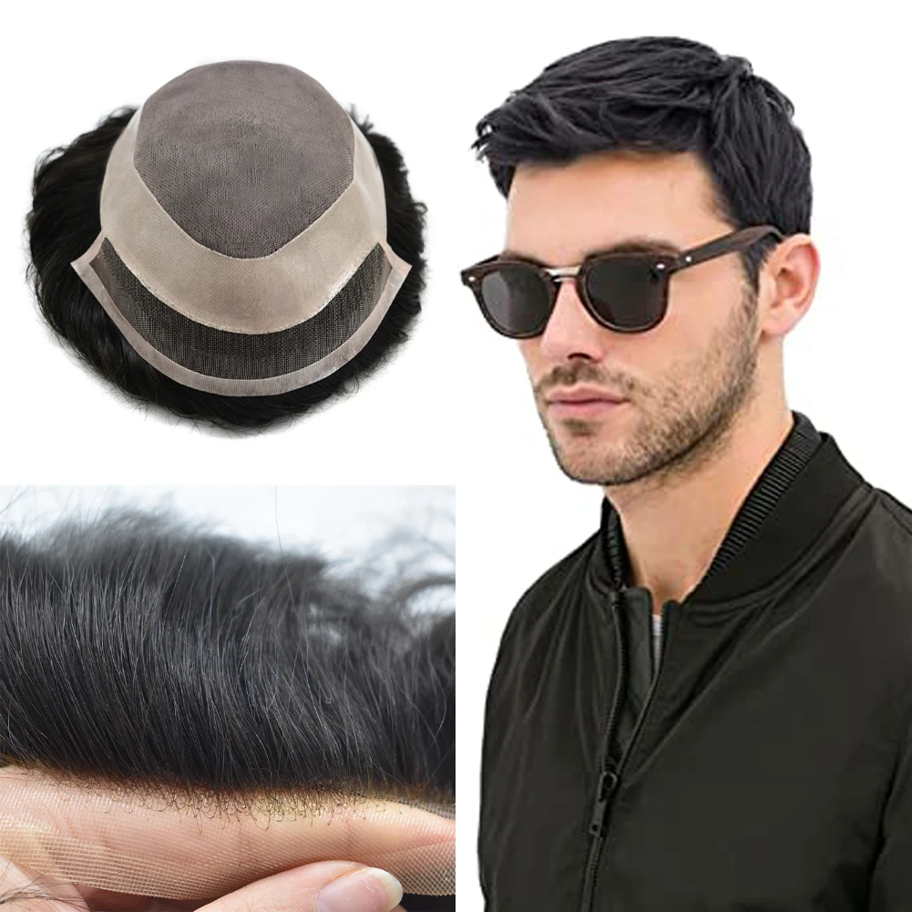 

Toupee for Men Indian Remy Human Hair Replacement Systems Durable Fine Mono Poly Coating Base Natural Black Male Hairpiece Wig