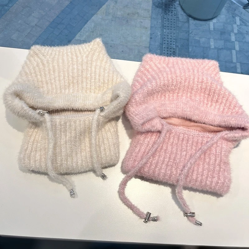 

Зимние универсальные вязаные шапки с милыми медвежьими ушками, ветрозащитный теплый шарф, интегрированные ветрозащитные шапочки с ушками, шапочки для женщин