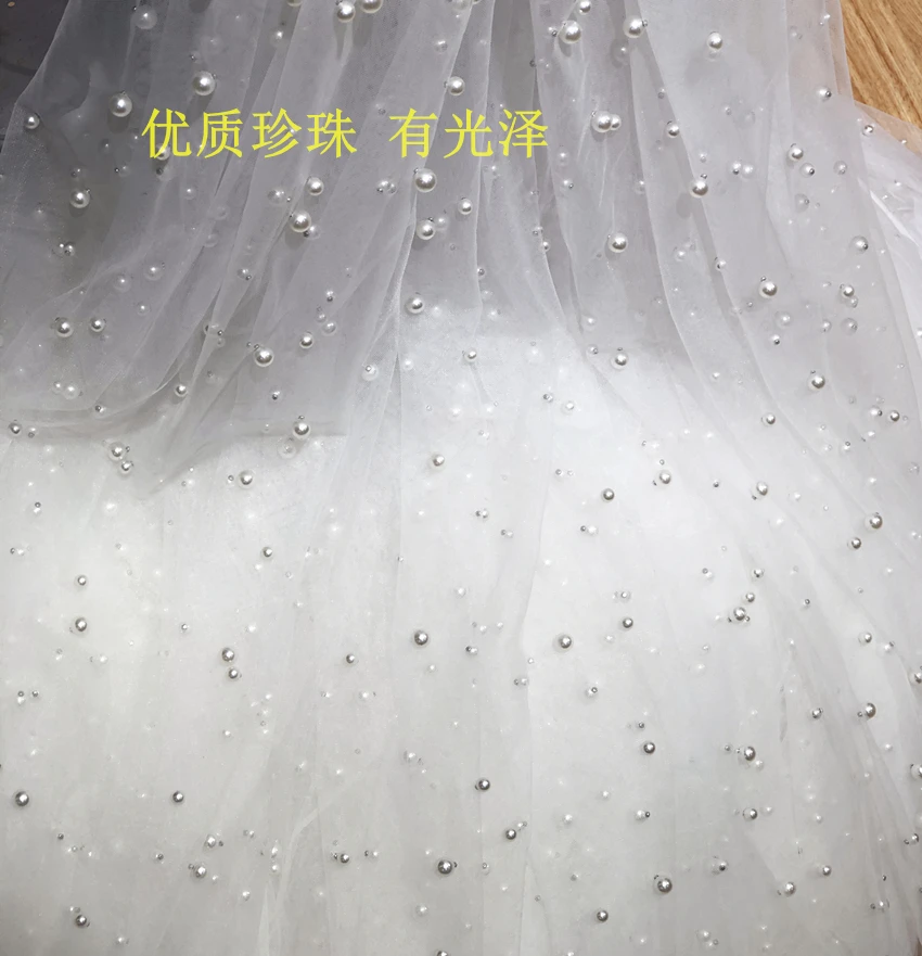 W150cm 1meter/lot White/Red Mesh Big and Small Pearl Decoration Lace Fabric Wedding Dress Clothes Veils Sewing Fabric SC225