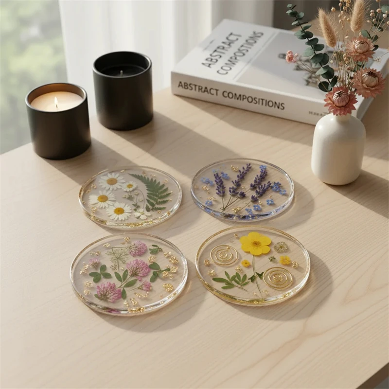 Pressed Flower Acrylic Coasters Set Of 4 With Dried Floral Inlay For Table Decor Home Office Desk Birthday Gift For Women