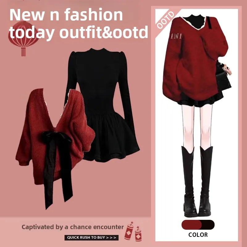 

Red Hebe Sle Sweater And Dr Two-Piece Set for Women Autumn Winter New Year Aosphere Clete Outfit Ladies Faion Set