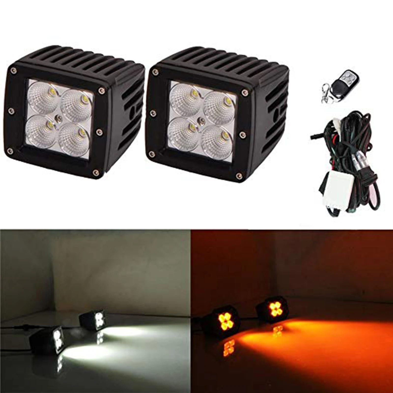 2pcs 3inch 48W Amber White Led Work Lights Pods 8 Modes Strobe Warning Emergency Lights 12V 24V Free Wiring Kit Memory Function