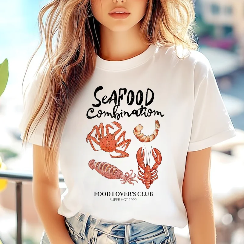 

Женская уличная футболка с принтом Seafood Food Club, модная футболка с коротким рукавом для отдыха и отдыха в пляжном стиле