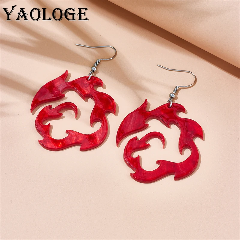 YAOLOGE Acrylic Exaggerated Round Geometric Red Flame Drop Earrings For Women New Trend Girls Hip-hop Cartoon Jewelry Gifts