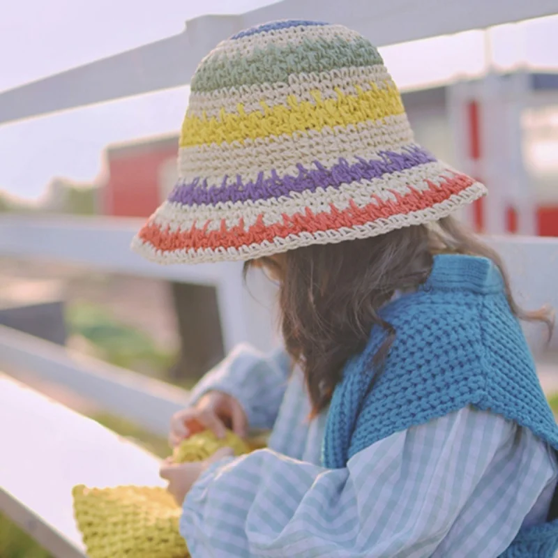 Summer Baby Girls Beach Sun Hats for Kids Sunscreen Crochet Straw Rainbow Hat Outdoor Visor Hats Children Fisherman Cap