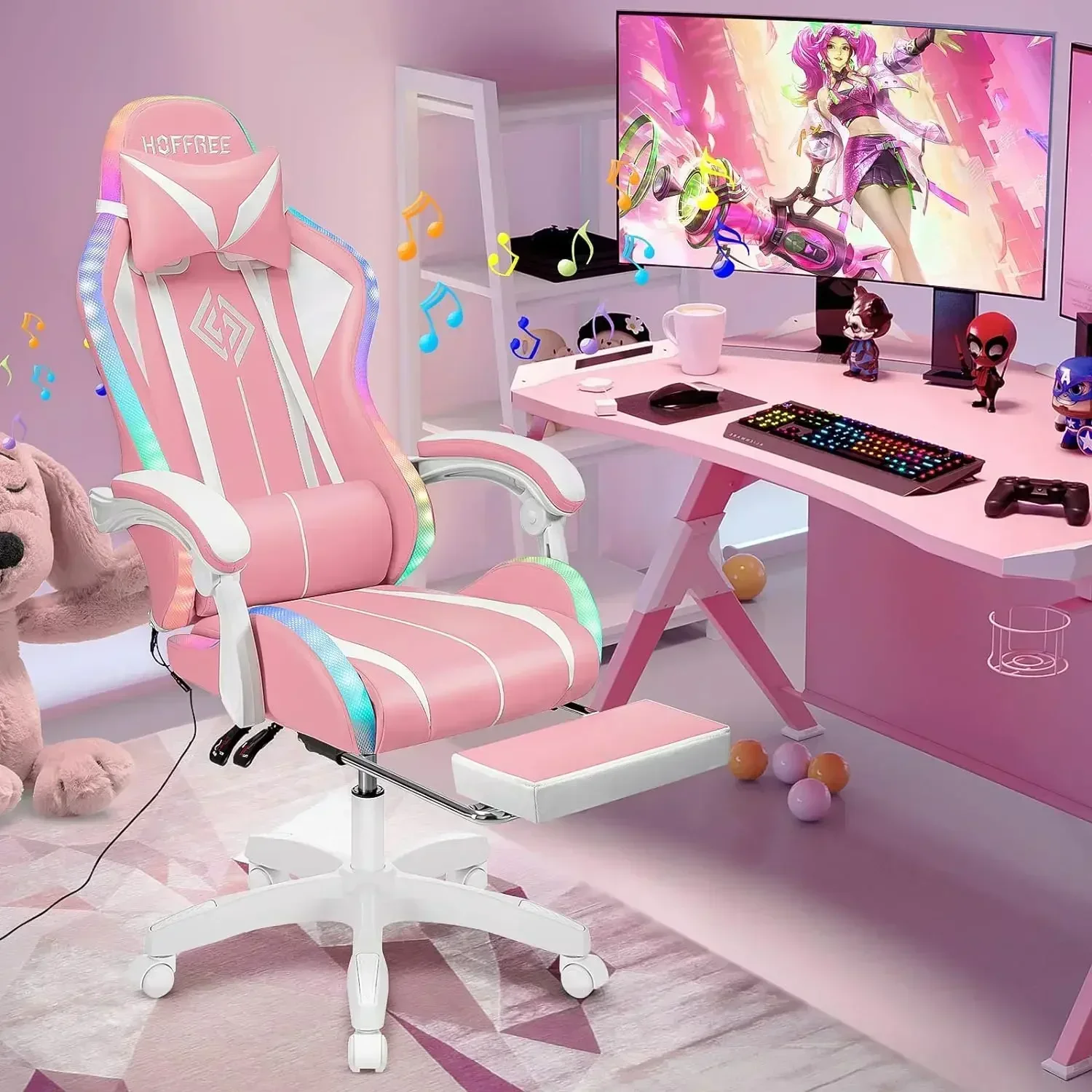 Furniture suppliesComputer Gaming Chair Pink with Bluetooth Speakers and RGB LED Lights for Girls Massage Chair with Footrest Cu