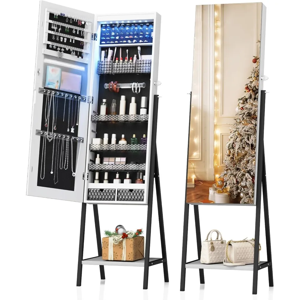 

Mirror Jewelry Cabinet Standing with LED Lights,with Lockable Makeup with 2 Drawers Large Storage Capacity for Cosmetic (White)