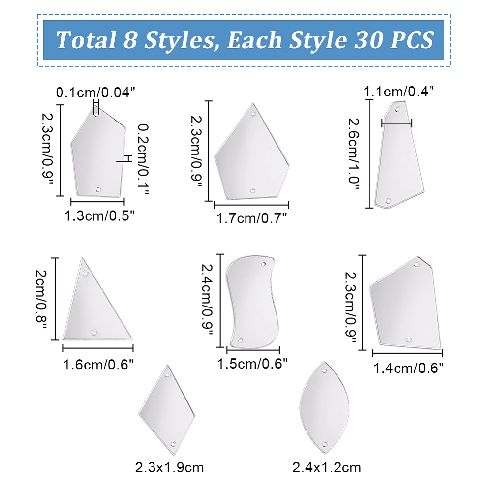 240pcs 8 Styles Sew On Mirror Pieces Mirror Rhinestones Irregular Acylic Beads with Hole Flat Back Mirror Pieces