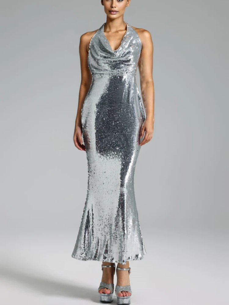 

Luxury Brand Design Bella Sequins Sleeveless Slim Fit Sexy Women Dress Long Sexy Backless Trendy Elegant Party Barnett Dress