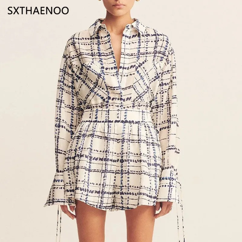 

SXTHAENOO Fashion Casual Set 2025 Plaid Single Button Long Sleeve Shirt+Elegant High-End Feeling Shorts Two Piece Set Polyester